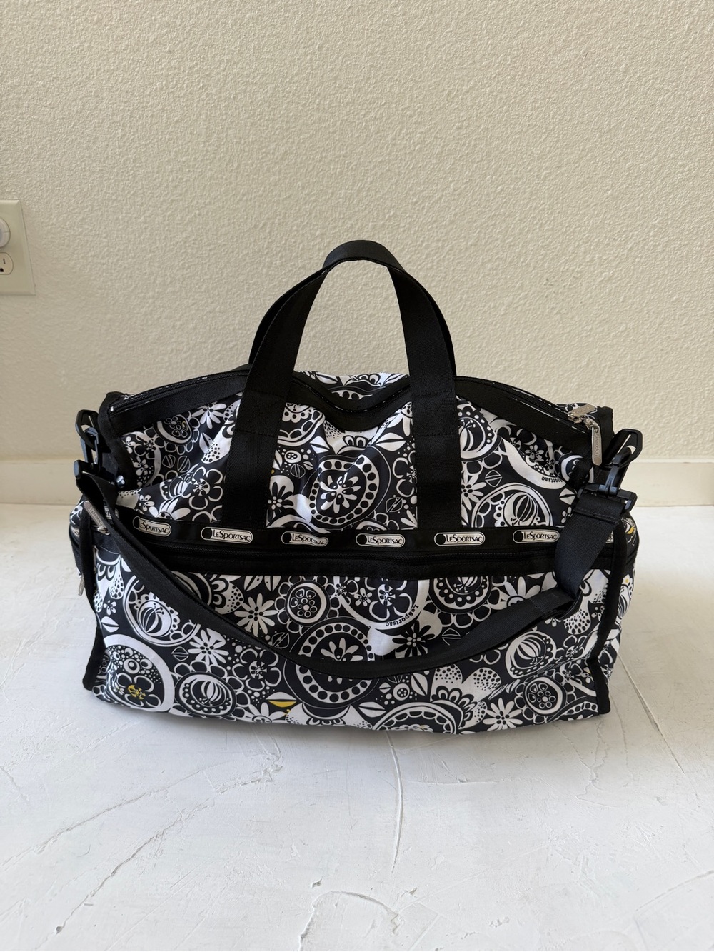 LeSportsac Large Weekender Duffel Bag Black and White Floral